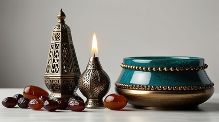 Muslim lamp, dates and prayer beads on table background.