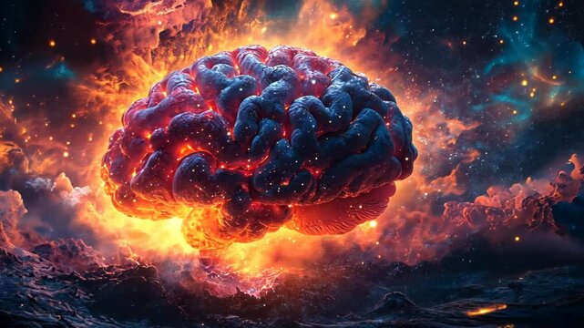 A vibrant, glowing brain amidst a cosmic explosion in space
