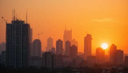 Fototapeta premium Sunrise over city skyline construction