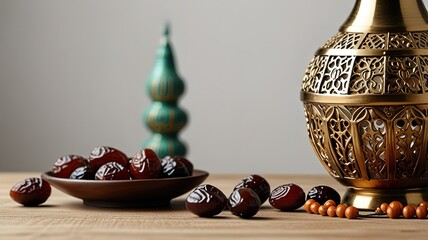 Muslim lamp, dates and prayer beads on table background.