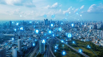 Fototapeta premium Smart digital Innovation city with connection network reciprocity over the cityscape. of future smart wireless digital city and social media networking systems that connects people with in city