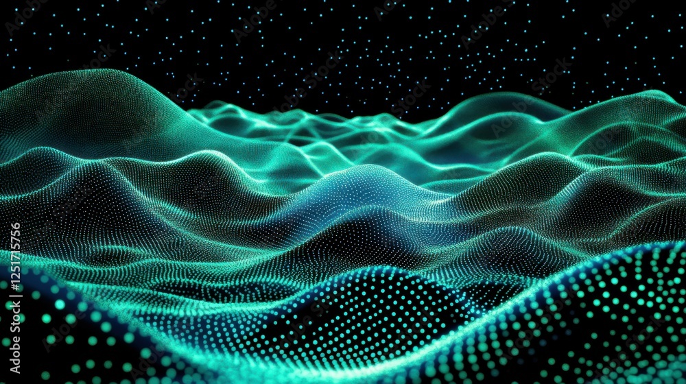 Aufkleber flowing dots particles wave pattern 3d curve halftone blue green gradient curve shape isolated on bl
