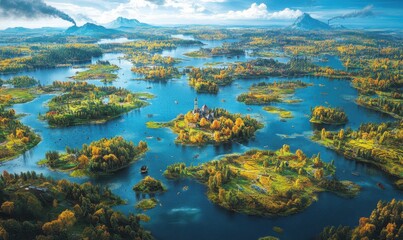 Naklejka premium Autumnal archipelago aerial view, island village, lake, mountains