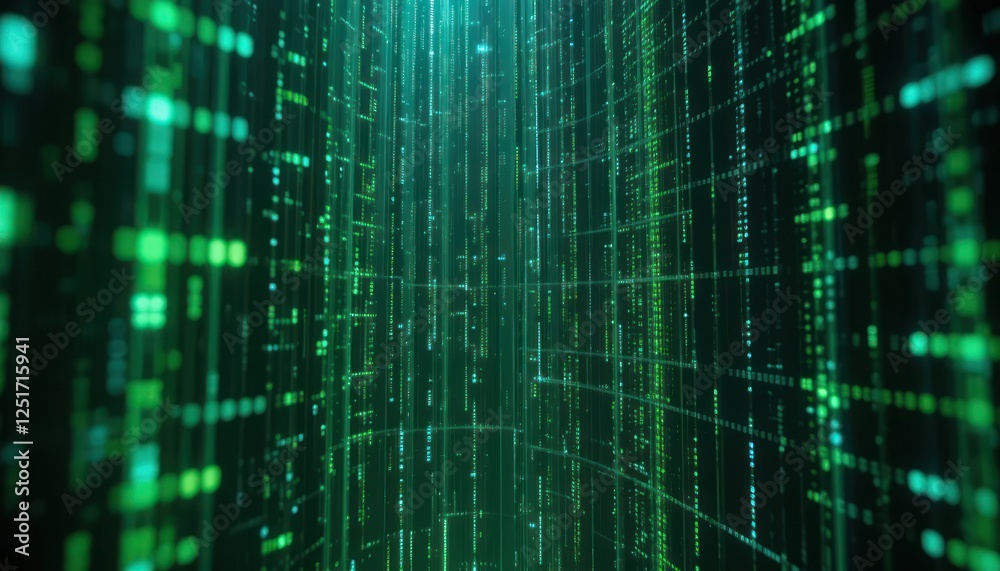 Wall mural green digital data stream flowing in a virtual tunnel, background blur, tech website use