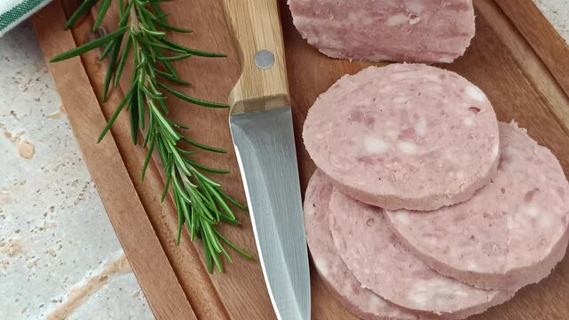 saucisson &agrave; l'ail, en gros plan, sur une planche &agrave; d&eacute;couper