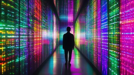 Fototapeta premium The image portrays a faceless person amid a data center filled with vibrant lights, representing anonymity in the digital age