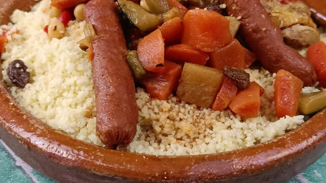 gros plan sur un plat du couscous au poulet et merguez