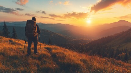 Obraz premium Hiking adventure at sunset mountain range nature scenic landscape wide angle exploration and tranquility