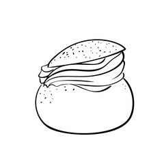 Traditional Swedish semla, hand drawn sketch of sweet pastry isolated, whipped cream filled bun, vector illustration doodle on white background
