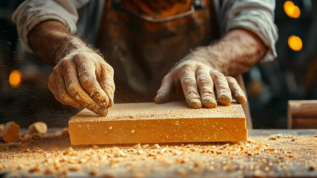 Craftsman Shaping Wood with Care in a Cozy Workshop Surrounded by Tools