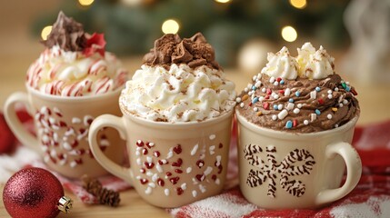 Fototapeta premium Three festive mugs filled with delicious whipped cream and toppings, perfect for a cozy winter treat.