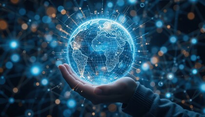 Obraz premium Hand holding digital globe, network connections, futuristic background