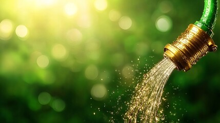 Close-up of water flowing from a green garden hose with a brass nozzle, against a blurred green background with bokeh.