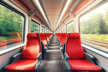 Fototapeta premium Empty Train Interior Bathed in Natural Daylight with Rows of Red Seats and Blurred Countryside Viewed Through Large Windows