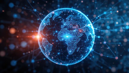 Global Network, Earth, Connected, Digital, Abstract. Background of Bokeh, Light Rays. Possible use Technology, Futuristic, Business, Education