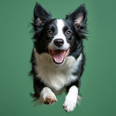 Joyful Border Collie Jumping Towards Camera on Green Background