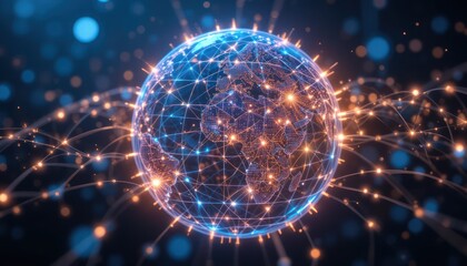 Obraz premium Global network connection, digital earth, glowing nodes, dark background, tech concept