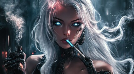 Fototapeta premium Cyborg Femme Fatale: Glowing Hair & Implants Smoke Break