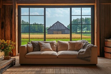Cozy Interior Living Room with Comfortable Sofa Overlooking Rustic Barn and Lush Green Fields And Scenic View of Countryside Landscape And Nature