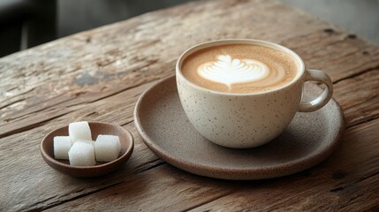 A rich and creamy flat white served in a ceramic cup with fine foam art, placed next to a small dish of sugar cubes on a wooden table