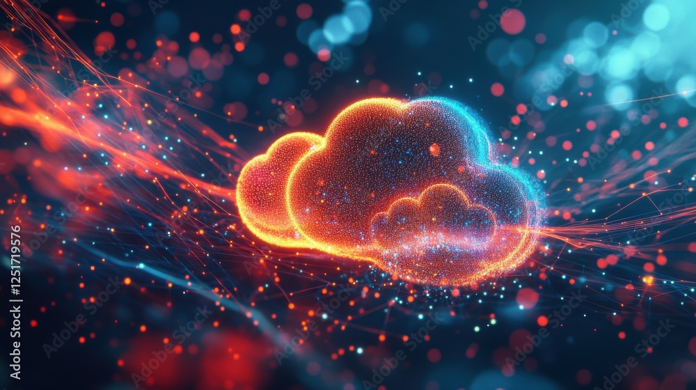Poster abstract representation of cloud computing with a glowing cloud symbol composed of data and surround