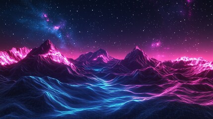 A vibrant digital landscape featuring glowing mountains and waves under a starry sky, showcasing a blend of pink and blue neon colors.