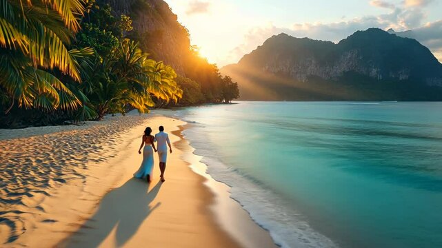 Romantic couple walking hand in hand on a serene beach at sunset