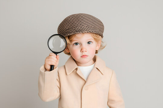 A child is wearing detective clothes and holding a magnifying glass