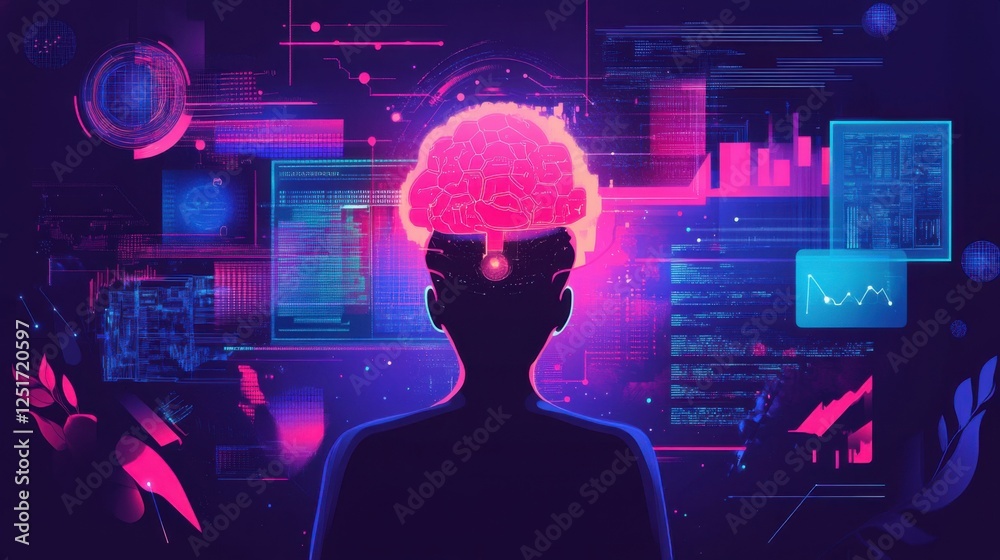 Poster big data technology and data science illustration. data flow concept. querying, analysing, visualizi