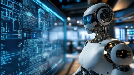 Fototapeta premium Advanced humanoid robot in a control center