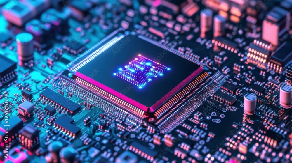 Poster powerful computer processor microchip with the word representing artificial intelligence, ai technol