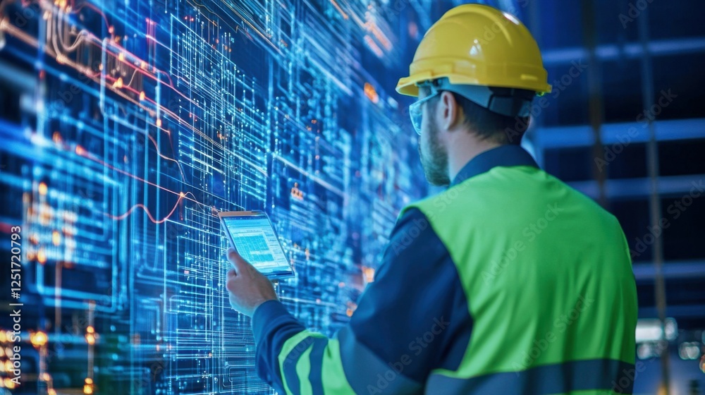 Poster an electrical engineer using ai tools for electrical load forecasting, data analytics on screen,