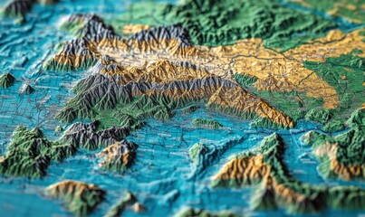 Detailed 3D relief map of mountainous region, showing rivers and valleys.  Use geography education