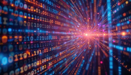 Obraz premium Binary code tunnel with glowing data streams
