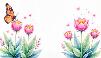 Butterfly resting on tulip with pastel flowers, calm beauty