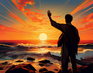 A farewell wave from a person silhouetted against a radiant ocean sunset.