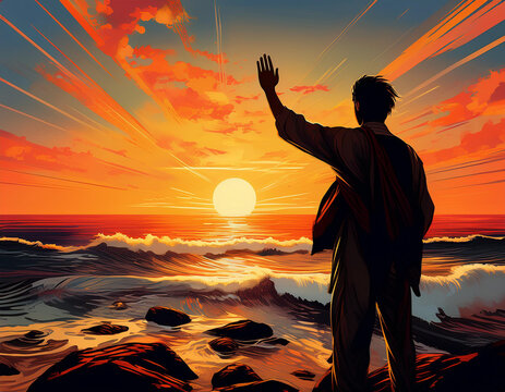 A farewell wave from a person silhouetted against a radiant ocean sunset.