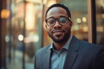 Obraz premium Smiling business man, wearing glasses, with a confident expression standing against a blurred background. He has dark skin and facial hair.