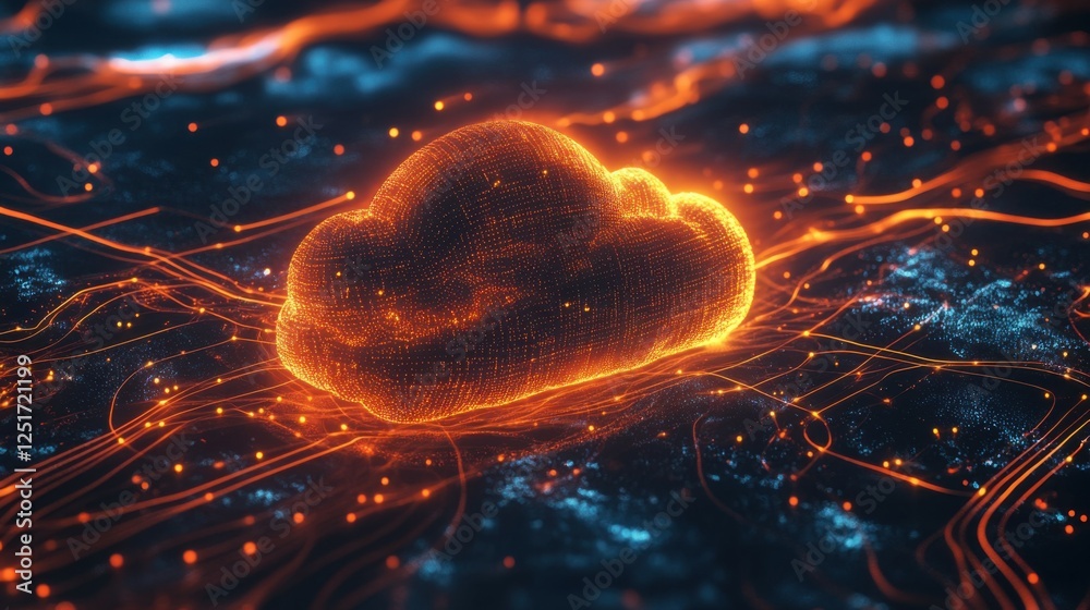 Poster abstract representation of cloud computing with a glowing cloud symbol composed of data and surround