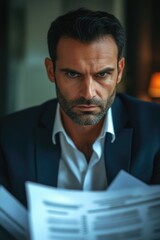 Naklejka premium The image depicts a man in a business suit sitting at a desk, engrossed in reviewing papers or documents. His expression is focused and contemplative.