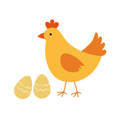 Simple flat chicken vector, eggs, on white background.