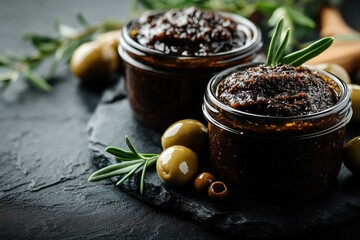 Olive tapenade served in glass jars with fresh herbs on a dark stone surface, perfect for appetizers and Mediterranean dishes