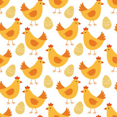 Seamless spring pattern with cute chickens. Vector graphic illustration. Postcard, poster, banner, textile, wallpaper, background