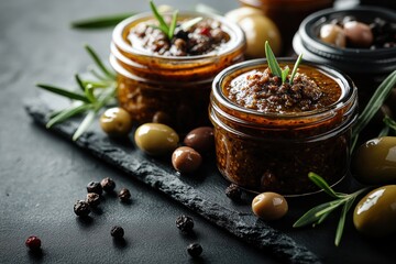 Variety of gourmet spreads and olives displayed in small jars on a dark surface with fresh herbs and spices