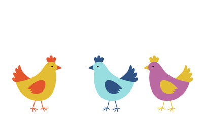 Colorful chickens in a row. On a white background.
