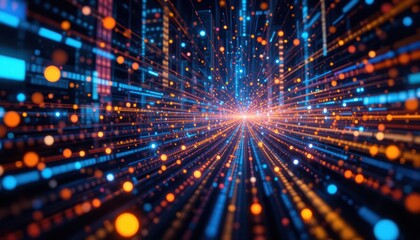 Futuristic digital city data stream tunnel