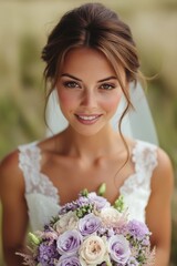 Bride with a radiant smile holding a bouquet of lavender roses in a serene outdoor setting on a sunny day