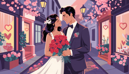 Valentine's Day, a loving couple, flowers