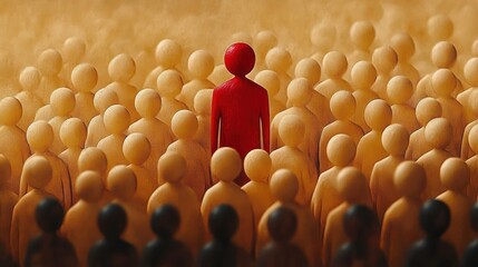 Obraz premium Red figure among beige figures symbolizing leader selection in talent management and recruitment strategy