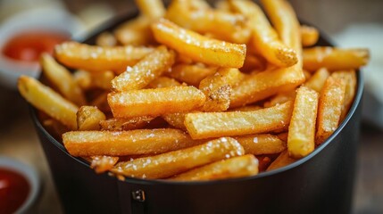 Crispy golden fries served in a black bowl with dipping sauces on a wooden table